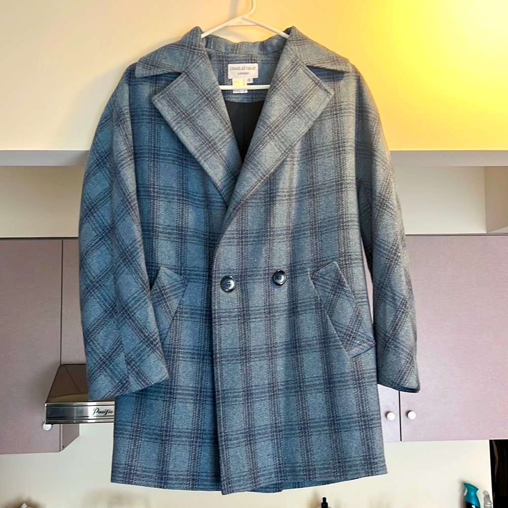 Light Blue Pea Coat - Plaid